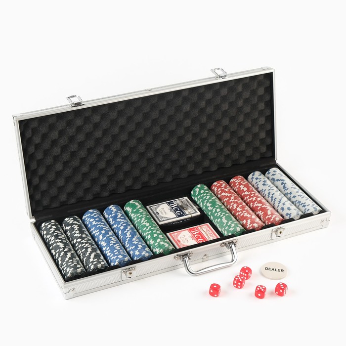 Покер в металлическом кейсе (2 колоды, фишки 500 шт с/номиналом, 5 кубиков), 20.5 х 56 см - Фото 1