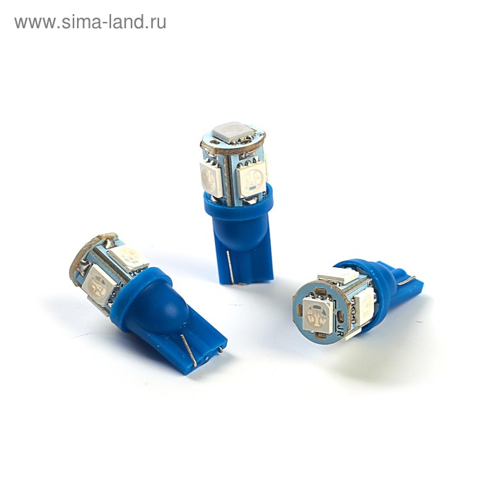 Лампа светодиодная KS, Т10 (W2,1-9,5d) 12 В, синяя, 5 SMD 5050 диод, б/цокольная - Фото 1