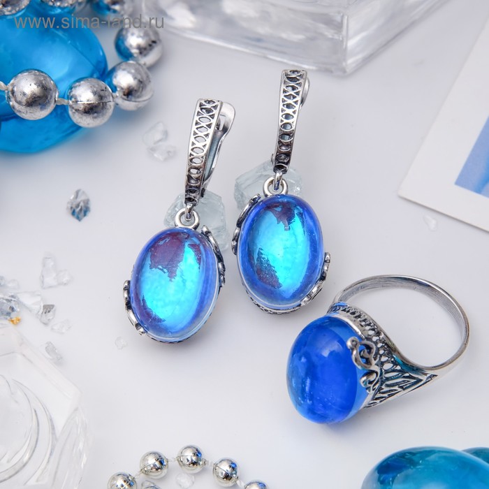 Гарнитур посеребрение 2 предмета: серьги, кольцо "Опал" флора, цвет синий, 18,5 р-р - Фото 1