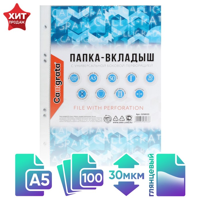 Файл - вкладыш Calligrata, А5, 30 мкм, глянцевый, вертикальный, 100 штук - Фото 1