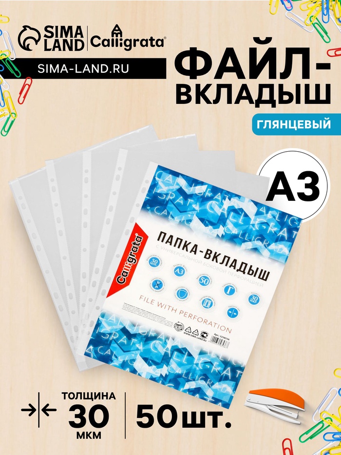 Файл - вкладыш Calligrata, А3, 30 мкм, глянцевый, вертикальный, 50 штук - Фото 1