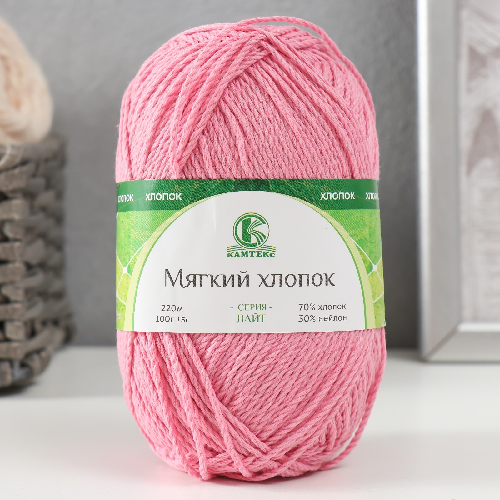 Пряжа "Мягкий хлопок" 70% хлопок, 30% нейлон 220м/100гр (056 розовый ...