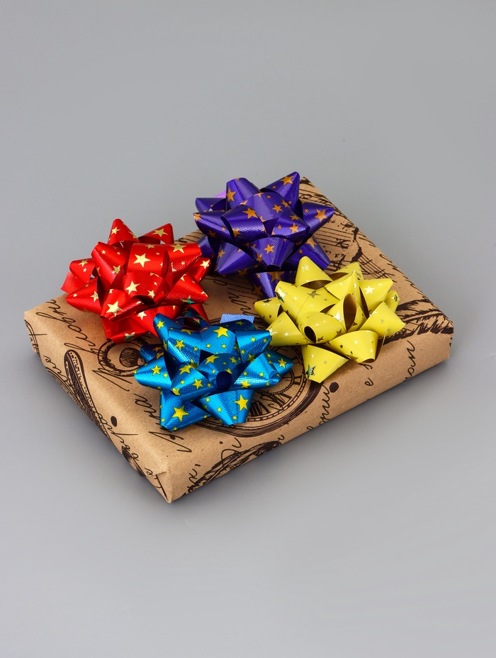 Подарочный Бант - звезда №7.5, металлик с рисунком, для упаковки подарков, набор 8 шт., МИКС - Фото 1
