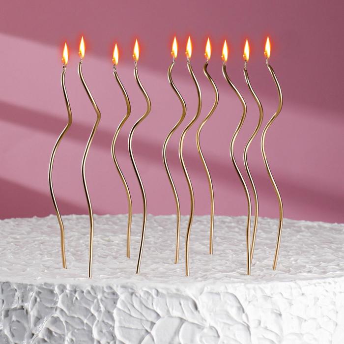 Свечи для торта витые "Серпантин", 10 шт, коктейльные, золотистые, 15 см - Фото 1