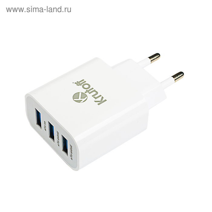 Сетевое зарядное устройство Krutoff, 3 USB, 3.1/1 A, белое - Фото 1