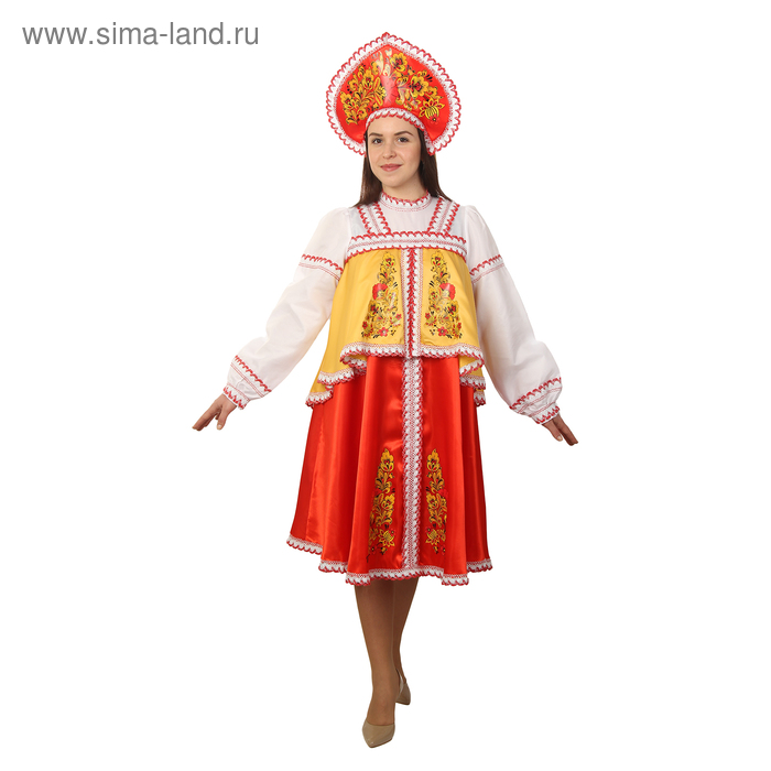 Русский народный костюм женский, платье с отлетной кокеткой, кокошник, красно-жёлтый, р-р 44, рост 170 см - Фото 1