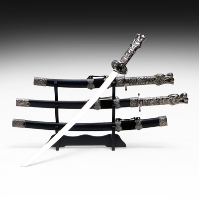 Макет оружия «Сувенирные катаны на подставке 3в1. Голова дракона», подарочный набор, ножны кожзам, чёрный, 45 см; 52 см; 61 см