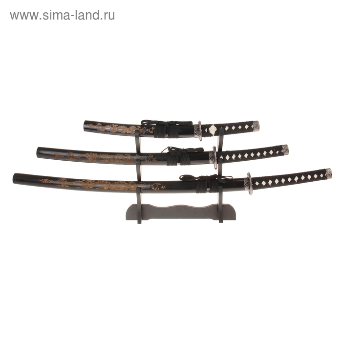 Сув. изделие катаны 3в1 на подставке, ножны дерево, с вырезом-дракон,черные 54/81/100см - Фото 1