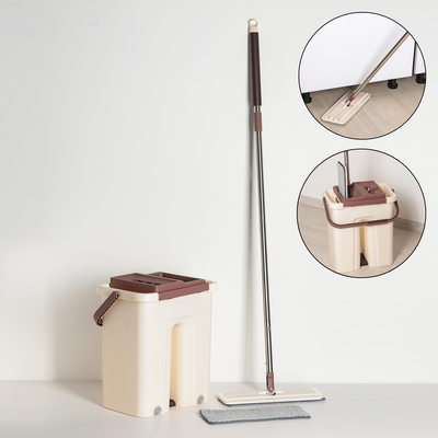 Швабра с отжимом и ведро: швабра плоская, ведро с отсеками для полоскания и отжима, дополнительная насадка из микрофибры, 21 л, цвет коричневый