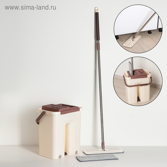 Швабра с отжимом и ведро: швабра плоская, ведро с отсеками для полоскания и отжима, дополнительная насадка из микрофибры, 21 л, цвет коричневый