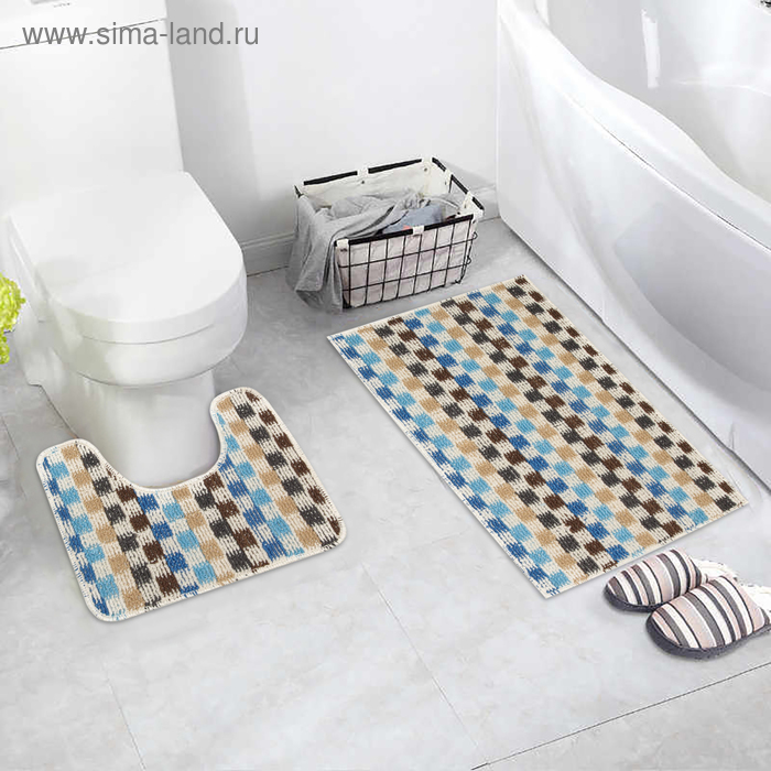 Набор ковриков для ванны и туалета 2 шт 37х47, 48х78 см "Квадраты" цвет голубой - Фото 1