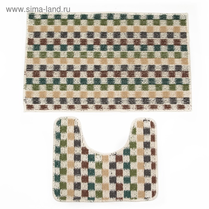 Набор ковриков для ванны и туалета «Квадраты», 2 шт: 37×47, 48×78 см, цвет зелёный - Фото 1