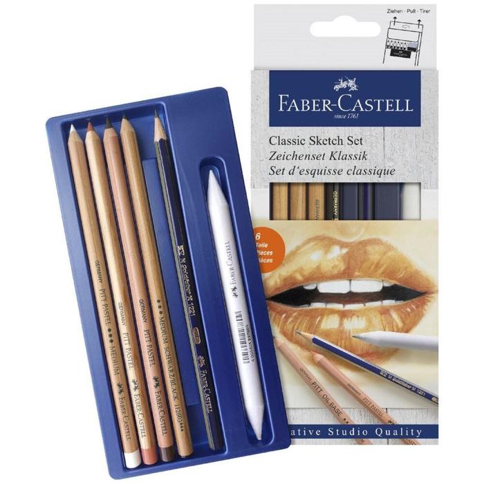 Набор художественный Faber-Castell "Классический" 6 предметов (чернографитный карандаш 2B, растушёвка, пастель в карандаше белая, сангина, сепия, карандаш масляный Medium) - Фото 1