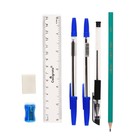 Набор канцелярский (2 синих ручки, черная гелевая, ластик,точилка,линейка, карандаш ч/г) - фото 10963989