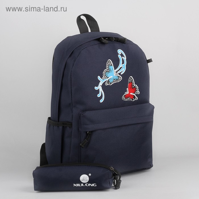 Рюкзак подростковый на молнии, 1 отдел, 2 наружных кармана, 2 боковых кармана, с косметичкой, цвет синий - Фото 1