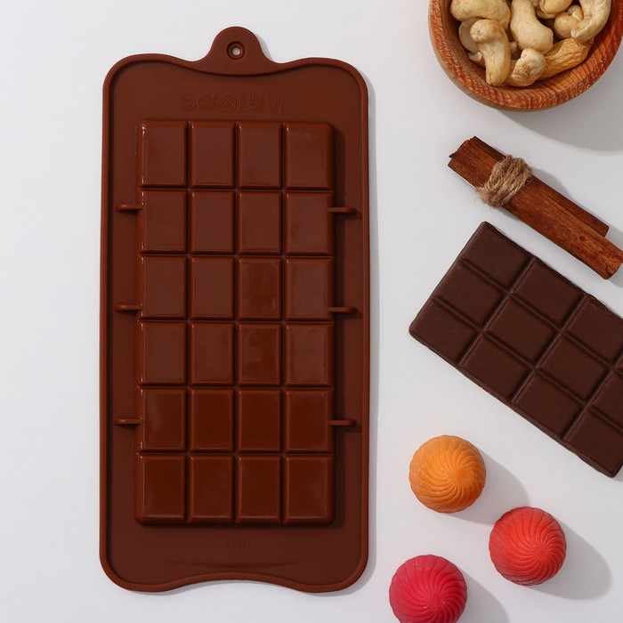 Форма для шоколада Доляна «Плитка», силикон, 22,5×10,5×0,2 см, 24 ячейки (2×2,5 см), цвет коричневый - Фото 1