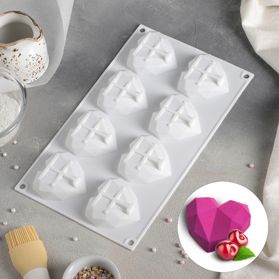 Форма для муссовых десертов и выпечки Доляна «Сердце. Геометрия», 29×17×2 см, 8 ячеек (6,5×6,3 см), цвет белый
