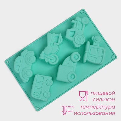 Форма для выпечки Доляна «Транспорт», силикон, 30×17.5 см, 6 ячеек (9×5.5×3.5 см), бирюзовая