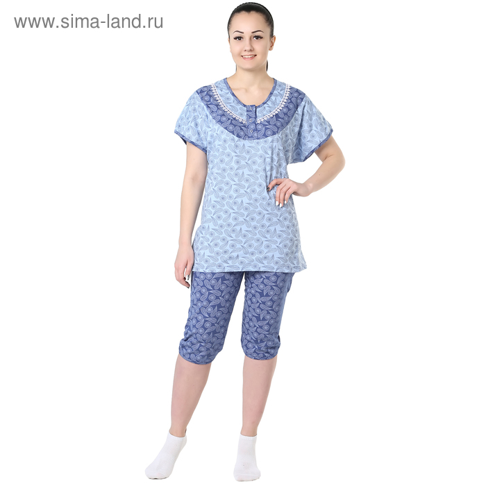 Пижама женская (футболка, бриджи) Цветочек синий, р-р 48 - Фото 1