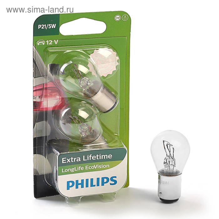 Лампа автомобильная Philips LongLife Eco, P21/5W, 12 В, набор 2 шт - Фото 1