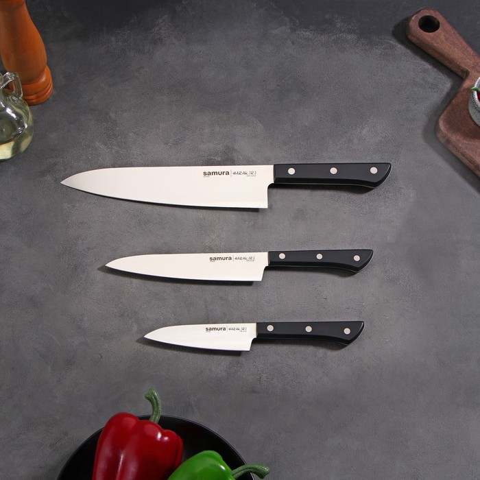 Набор ножей Samura HARAKIRI, 3 шт: лезвие 10 см, 15 см, 20 см, чёрная рукоять - фото 1884839371