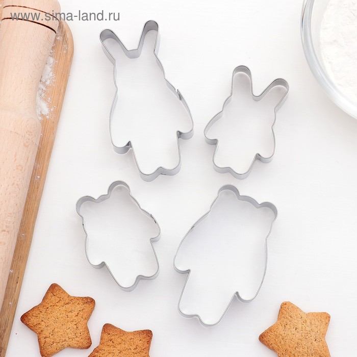 Набор форм для вырезания печенья «Заяц и Медведь», 4 шт, 15×10×2 см, цвет хромированный - Фото 1