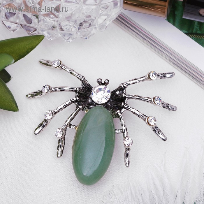 Брошь паучок «Нефрит» со стразами, в чернёном серебре - Фото 1