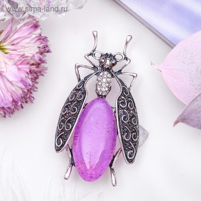 Брошь муха-цокотуха «Аметист» в чернёном серебре - Фото 1