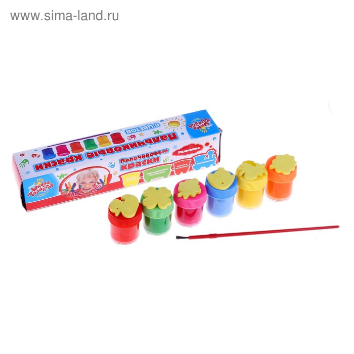 Пальчиковые краски, набор 6 цветов по 20 мл и кисточка - Фото 1