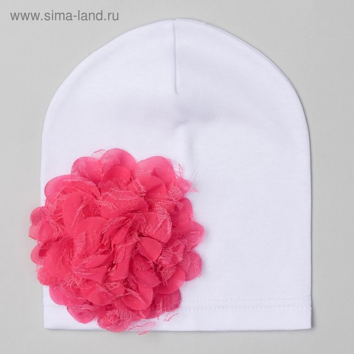 Шапка детская "Цветочек" белая с розовым цветком, р-р 52, 100% хл, интерлок - Фото 1