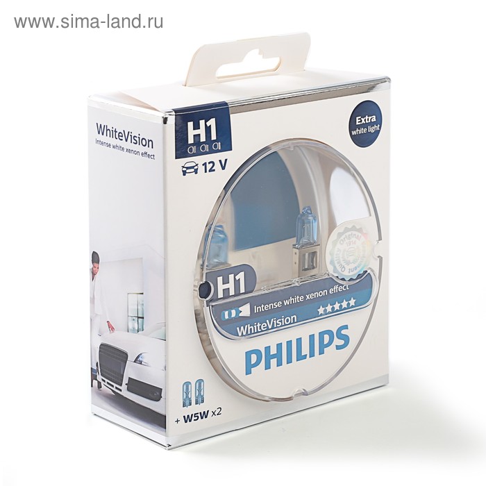 Автолампа Philips White Vision 3700К +60% (2шт+2шт W5W), H1, 12 В, 55 Вт, 12258 WHV SM - Фото 1