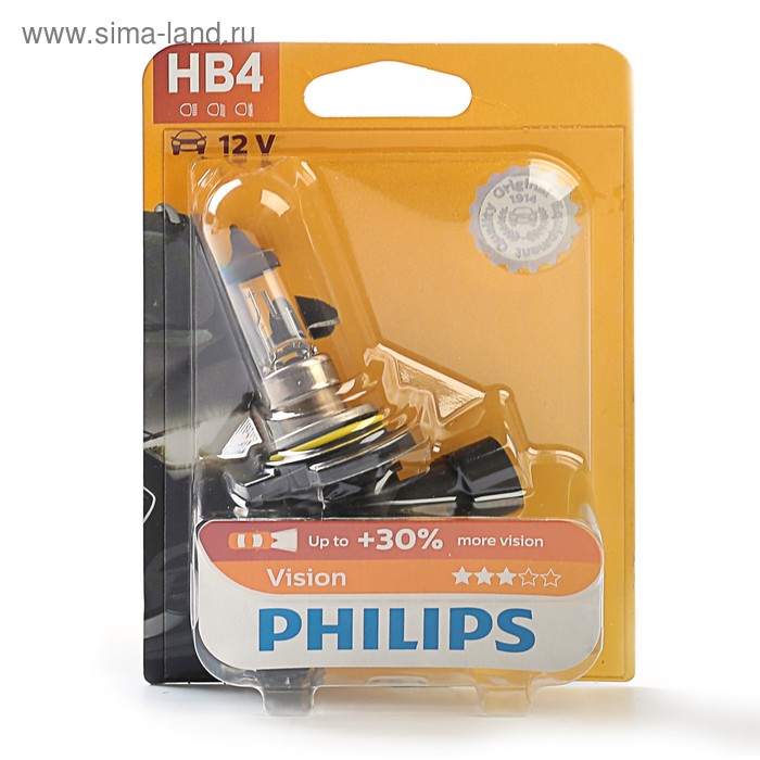 Автолампа Philips Vision +30%, HB4/9006 (P22d), 12 В, 55 Вт, блистер, 9006 PR B1 - Фото 1