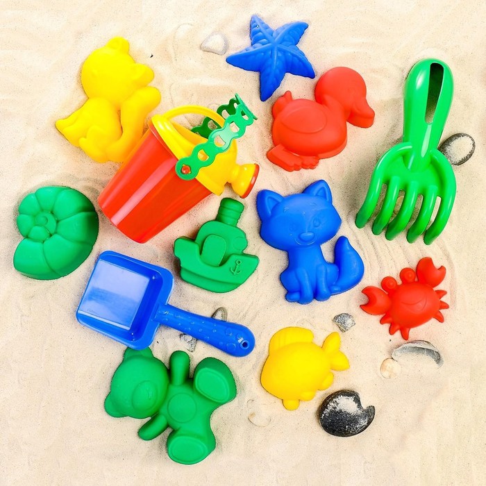 Набор для игры в песке, 8 формочек, совок, лейка, грабли, цвета МИКС - Фото 1
