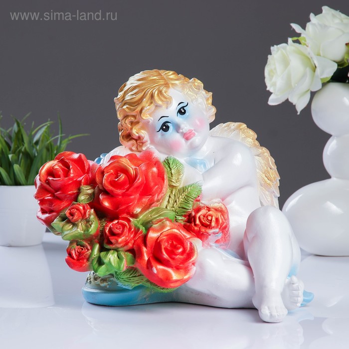 Фигура "Ангел Валентин с розами" глаза прорисованы 26х20х30см - Фото 1