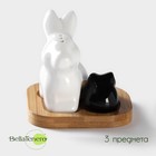 Набор фарфоровый для специй на деревянной подставке BellaTenero «Зайцы», 3 предмета: солонка, перечница, подставка, цвет белый и чёрный - фото 975058