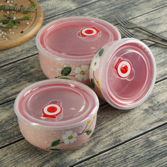 Набор салатников "Вивьен", 3 шт: 16х7,5/14,5х6,5/15,5х7,5 см, с крышками, цвет розовый - Фото 1