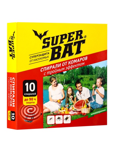 Спирали от комаров SuperBat, тройной эффект, 10 шт.
