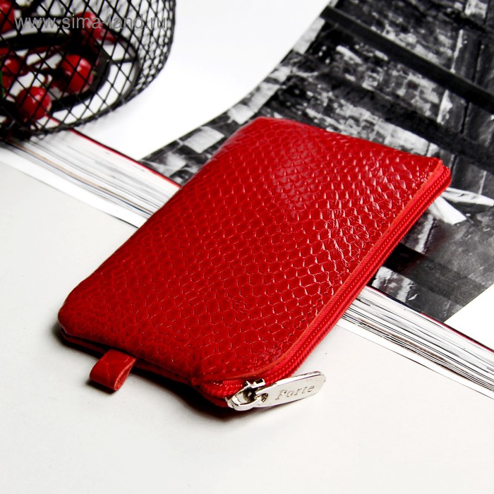 Ключница, отдел на молнии, кольцо внутри, наружный карман, питон, цвет красный - Фото 1