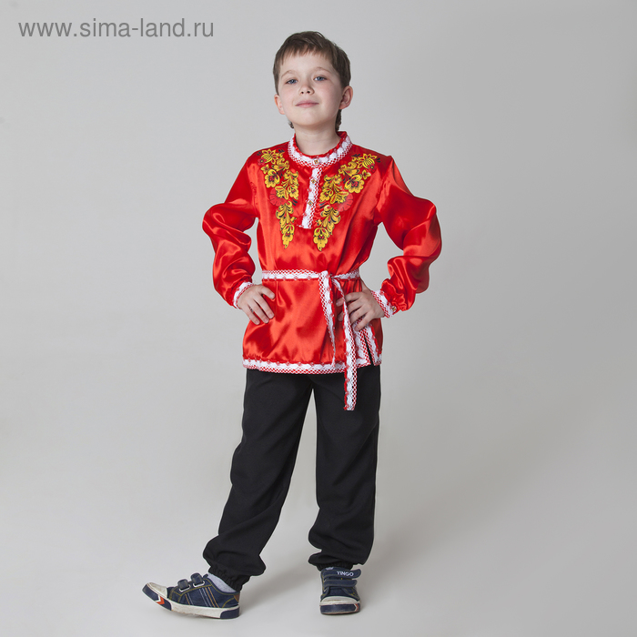 Карнавальная русская рубаха "Хохлома: цветы", атлас, цвет красный, р-р 30, рост 110-116 см - Фото 1