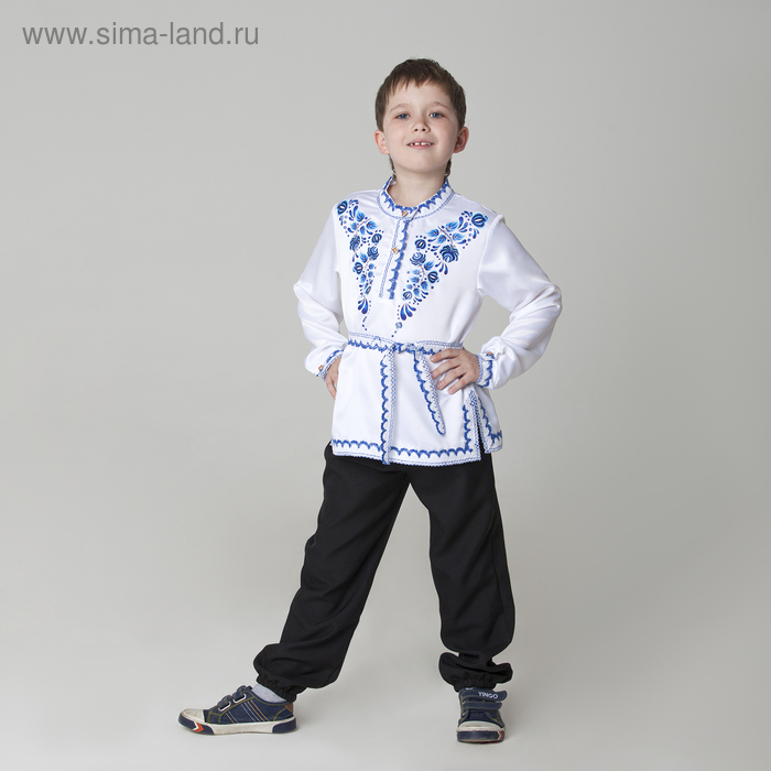 Карнавальная русская рубаха "Синие цветы", атлас, цвет белый, р-р 32, рост 122-128 см - Фото 1