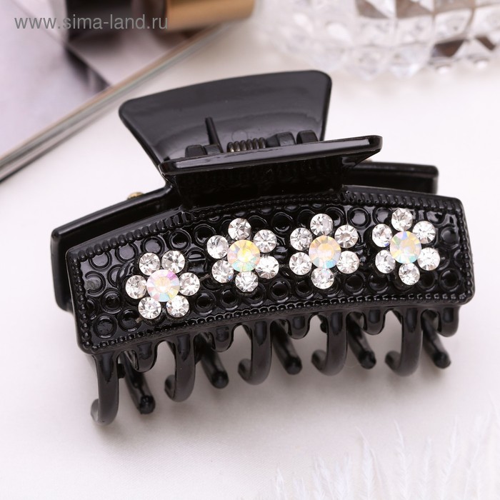 Краб для волос "Камила" 6 см цветы стразы чёрный - Фото 1