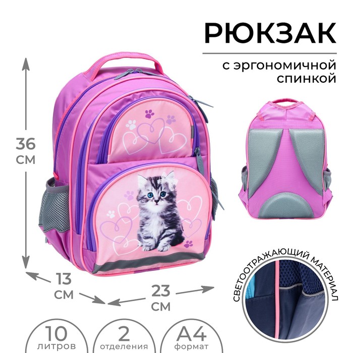 Рюкзак школьный, 36 х 23 х 13 см, эргономичная спинка, Calligrata П "Котёнок", серый/розовый - Фото 1