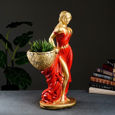 Фигура с кашпо "Девушка с корзиной" бронза красный, 1л / 30х64х32см