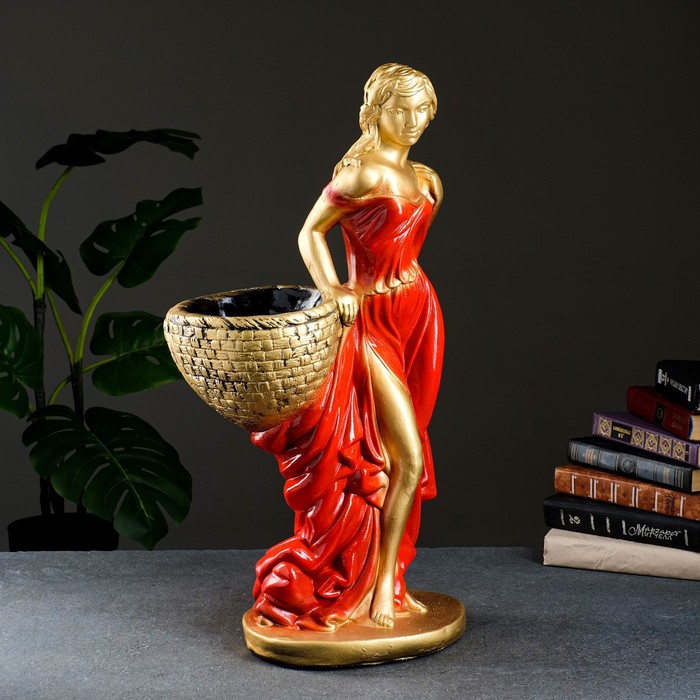 Фигура с кашпо "Девушка с корзиной" бронза красный, 1л / 30х64х32см - фото 1927378625