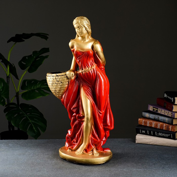 Фигура с кашпо "Девушка с корзиной" бронза красный, 1л / 30х64х32см - фото 1927378624
