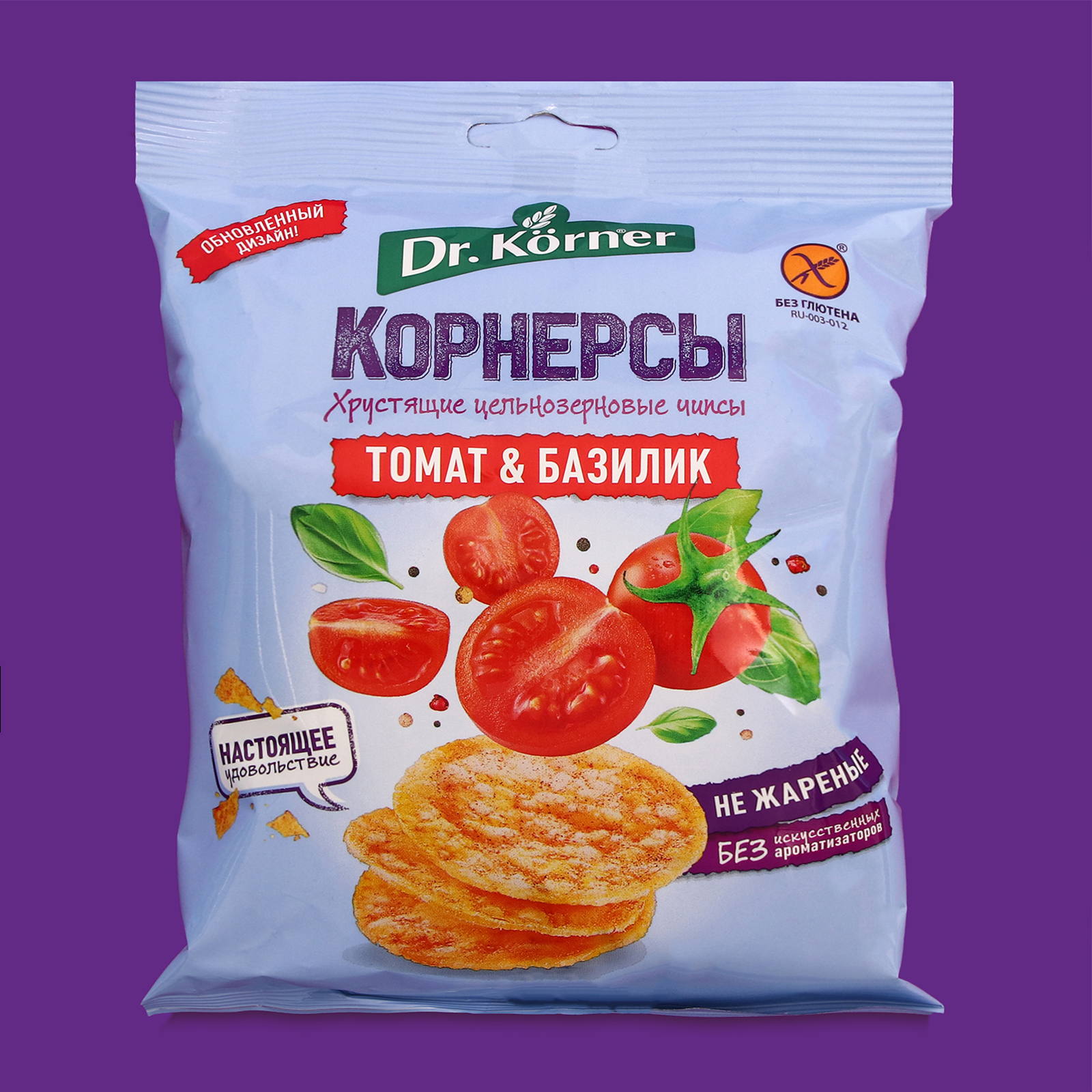 Чипсы цельнозерновые кукурузно-рисовые с томатом и базиликом, 50 г ...