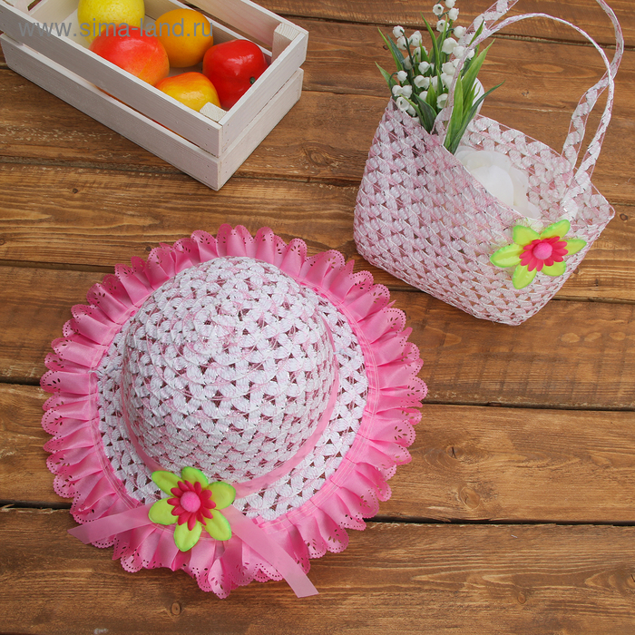 Набор сумочка и шляпка с цветочком р-р 50-52 см, цвет светло-розовый - Фото 1
