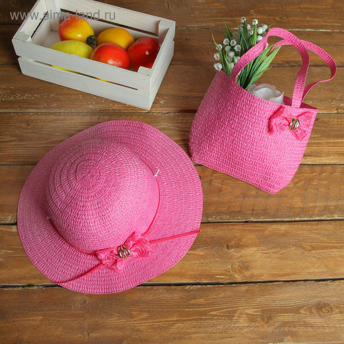 Набор сумочка и шляпка с бантиком, р-р 50-52 см, цвет розовый - Фото 1
