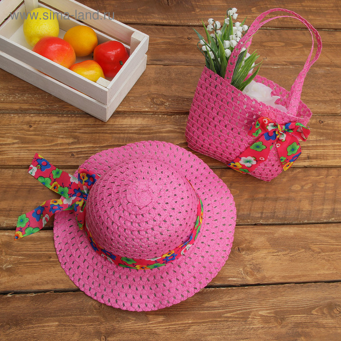 Набор сумочка и шляпка с бантом, р-р 50-52 см, цвет розовый - Фото 1
