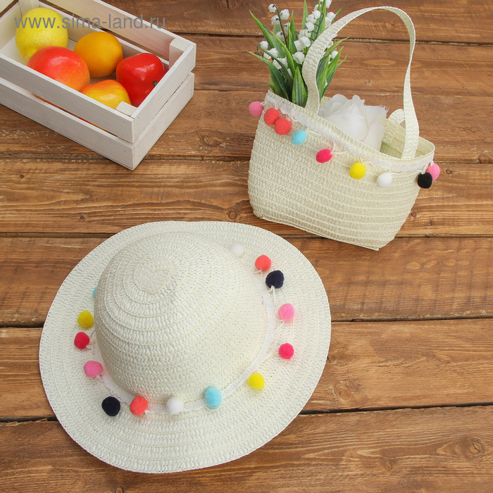 Набор сумочка и шляпка с шариками, р-р 50-52 см, цвет белый - Фото 1